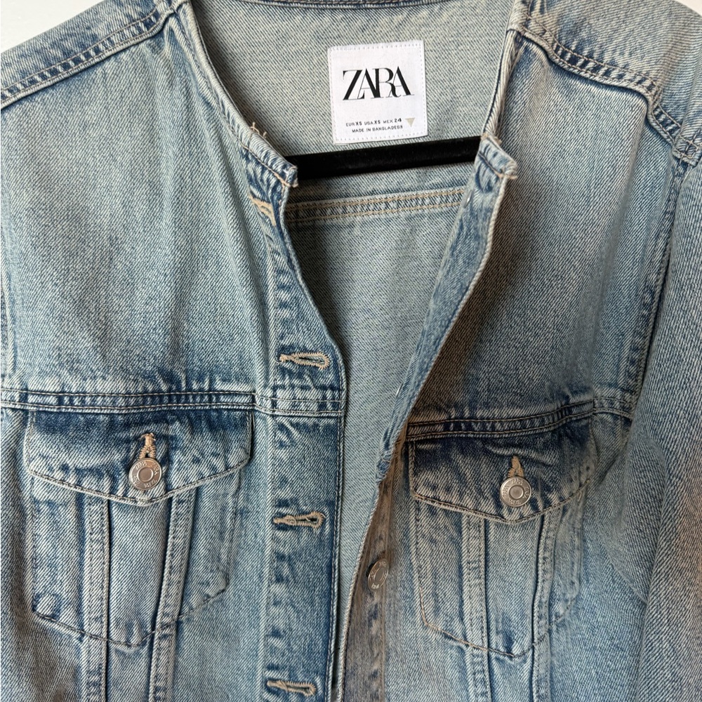 Zara Blue Frayed Hem Denim Crop Jacket - Picture 3 of 4